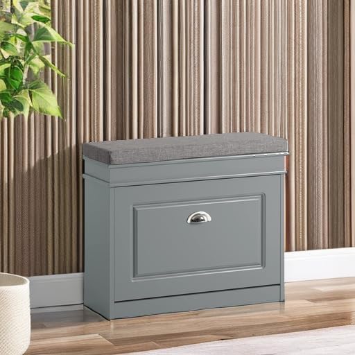 Haotian Grey Hallway Shoe Bench, Narrow Shoe Rack with Adjustable Shelf, Small Shoe Cabinet with 1 Flip-Drawer and Seat Cushion, FSR82-K-HG