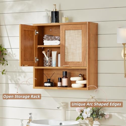 LEYAOYAO Rattan Bathroom Wall Cabinet, Boho Medicine Cabinet with Adjustable Shelf & Doors, Over The Toilet Storage Cabinets Organizer for Laundry Room, Kitchen, Living Room, Tea Brown - color: Teac, size: 7.7"D×23.5"W×24"H