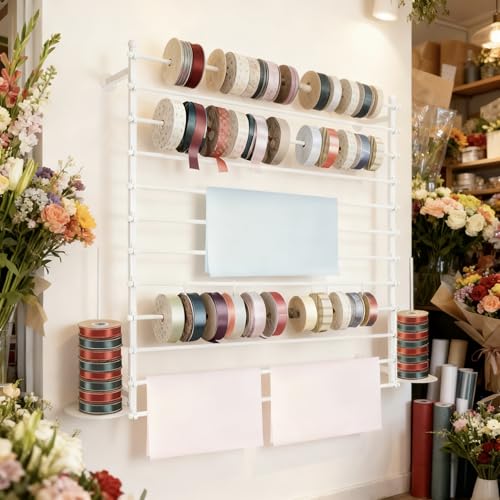 12 Layers 120cm White Wall Display Stand Wrapping Paper Ribbon Organizer Holder Storage Scarf Tie Belt Towel Spool Sewing Tool Hijab Metal Shelving for Home, Retail Stores, Flower Shop, Studio - color: White, size: L: 47.2 in, H: 47.2 in
