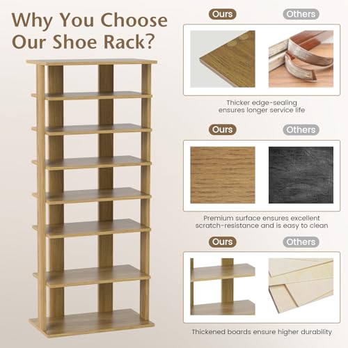 Tangkula 8-Tier Vertical Shoe Rack, Space-Saving Corner Shoe Organizer for 14 Pairs, Narrow Shoe Storage for Entryway, Front Door, or Closet - color: Natural Oak, size: 10" x 18.5" x 43.5"
