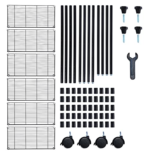 YSSOA Heavy Duty 6-Shelf Shelving with Wheels, with Hanging Hooks, Wire Shelving, Adjustable Storage Units, 29'' D x 14'' W x 70'' H, 6 Tier, Black - size: 6-Tier, 70 inch Taller