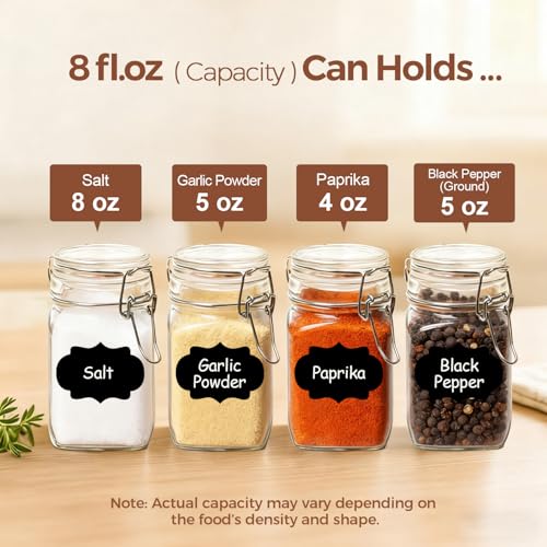 ComSaf Set of 12 Square Glass Jars with Airtight Lids (8 Oz), Pantry Canisters for Spices, Jams, & Herbs, Wire Clamp Jar for Overnight Oats, Pickling, Favors, Includes Labels & Funnel - size: 8oz*12