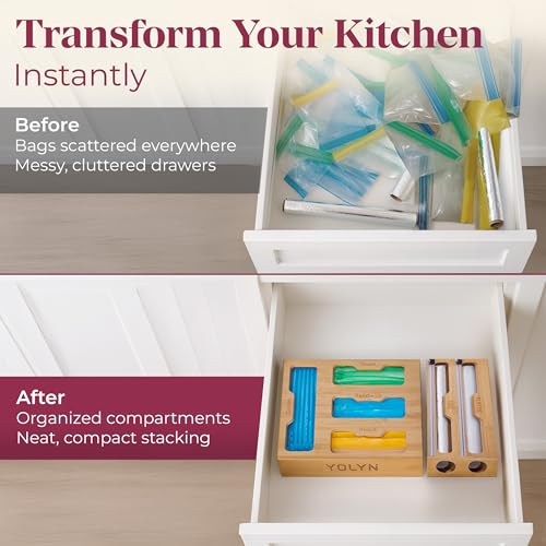 Bamboo Food Storage Bag Organizer for Drawer with Foil & Plastic Wrap Dispenser – 4 in 1 Premium Kitchen Drawer Organizer for Gallon, Quart & Sandwich Bags