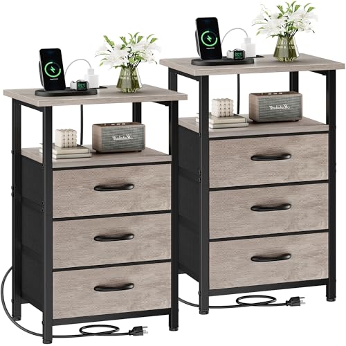 Vagusicc Nightstand Set of 2 with Charging Station, Bedside Table with USB Ports and Outlet, End Table Side Table with 3 Fabric Drawer and Storage Shelf, Bed Side Table Night Stand for Bedroom, Greige - color: Greige, size: 2 Pieces, style: Ordinary
