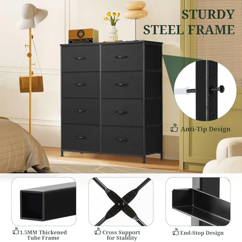 8-Drawer Dresser for Bedroom, Anti-Tip Tall Storage Organizer Chest of Drawers with Wooden Top and Metal Frame Fabric Bins for Closet, Living Room, Hallway, Entryway, Black - color: Black, size: 11.8"D x 31.4"W x 36.3"H (8 Drawers)