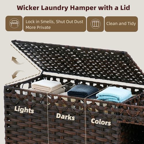 Laundry Hamper with Lid, 160L Rattan Wicker Laundry Basket with Wheels, Handwoven Laundry Hamper 3-Section with Storage shelf(42.3 Gal), Laundry Sorter Basket with Removable Liner,Brown HLH033BR - color: Brown, size: 33.5”L x 13”W x26.4”H
