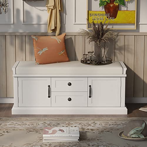 P PURLOVE Rustic Wood Entryway Bench with 2 Cabinets and 2 Drawers, Wood Shoe Bench with Removable Cushion for Hallway, Entryway - color: White, size: with 2 Drawers and 2 Cabinets
