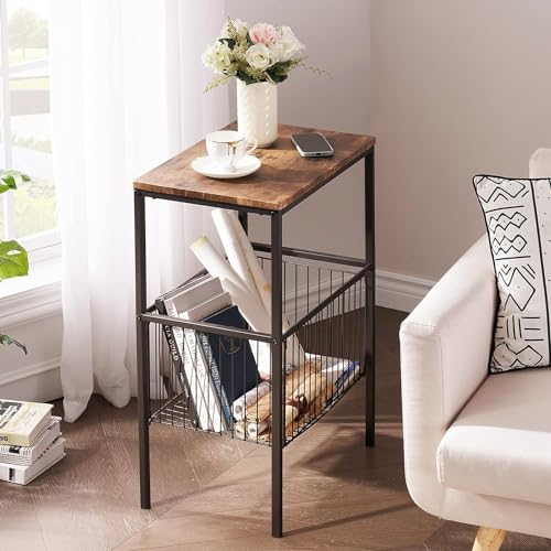 VECELO Tall Night Stand with Metal Basket,End Table with Shelf Storage Organizer, Wood Nightstand for Bedroom, Living Room,Bathroom - color: Rustic Brown, size: 1 Set