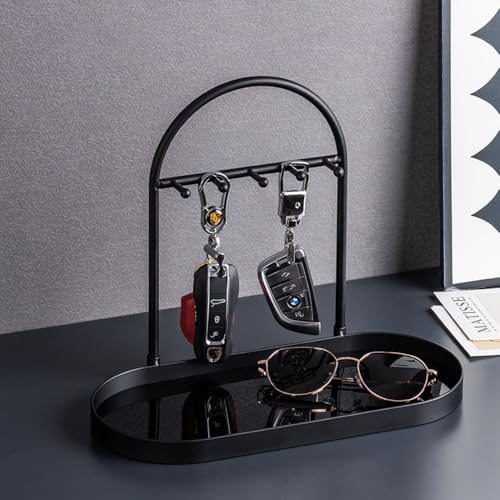 Shinpuru Metal Jewelry Organizer Stand & Key Holder Tray with Acrylic Base, Key Stand and Jewelry Tray with 5 Hooks, Perfect Bowl, Valet, Key Tray, Ring Holder, Jewelry Dish(Matt Black) - color: Matt Black