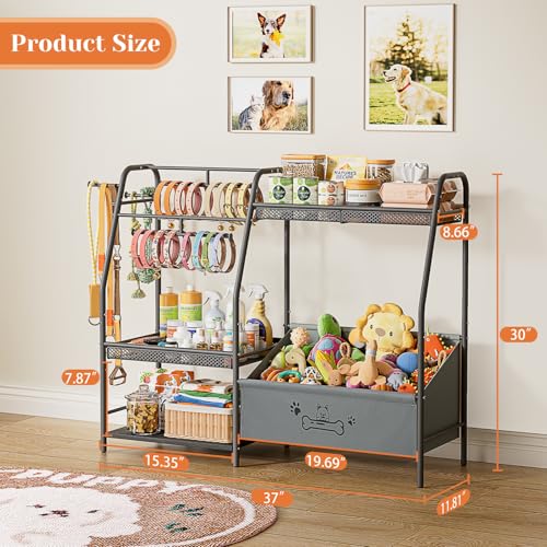 Lomivra Large Dog Toy Basket with Dog Storage Organizer, Trapezoid Toy Bin Box with Collar Leash Holder Hook, Dogs Toy Holder Chest Pet Storage Cabinet for Living Room Dogs Essentials - color: Black