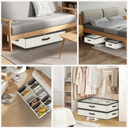 homyfort 32 Pairs Shoe Organizer Under Bed, Sturdy Underbed Shoe Storage Boxes Bins, Organizador De Zapatos, Extra Large Zapateras Organizer, Beige, Set of 2 - color: 2 Shoes (16+16 Cells) Oxford Beige, style: 32 Pairs Shoes