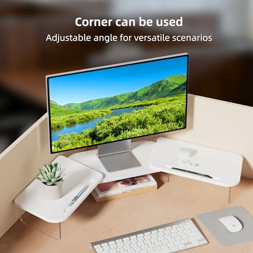 AFOOYO LED Dual Monitor Stand Riser for 2 Monitors,Office Desktop Wooden Stand Adjustable Length and Angle 3 Shelf,Extra Long Multifunctional Stand up to 39.3" for Computer,Laptop,TV,White - color: White, size: MIDDLE SLOT