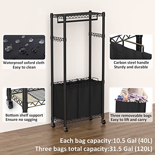 Hodonas Rolling Laundry Basket Organizer with Wheels and Hanging Bar, Laundry Hamper Cart Laundry Sorter 3 Section, Dirty Clothes Hampers for Laundry Bedroom Bathroom w/ 3 Removable Bags, Black - color: Black