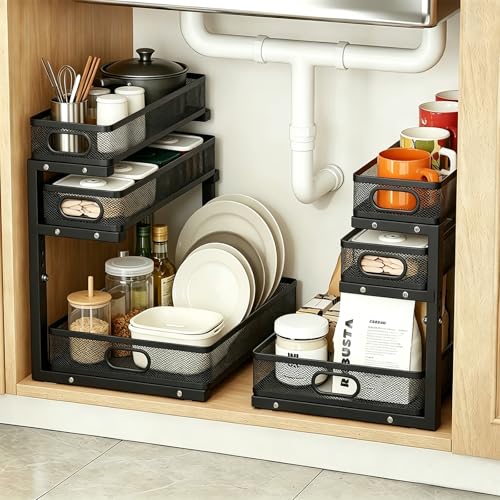 2 Pack Under Sink Organizer, 3-Tier Pull Out Kitchen Cabinet Organizer, Height Adjustable Metal Slide Out Bathroom Storage Makeup Drawer Rack for Bedroom Office Laundry Pantry Home Organization, Black - color: 3-Tier-Black, size: 2-Pack