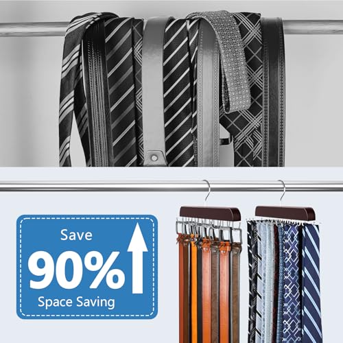 2 Pack Tie Rack & Belt Hanger 2 in 1 Tie Hanger Space Saving Max 42 Belts& 60 Ties Capacity for Closet Organizers and Storage, Sturdy Wood Belt & Tie Collection Organizer - color: Brown