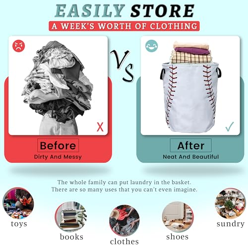 Baseball Texture Pattern Laundry Basket Foldable With Handles Tote Bag Oxford Cloth Funny Laundry Hamper Clothes Storage Bucket Toy Organizer 18.9" x 16.5" For Bathroom/Laundry/Bedroom - color: Funny Baseball Texture Pattern