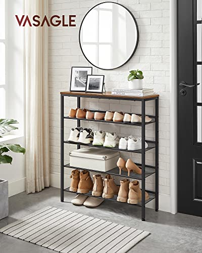VASAGLE Shoe Rack for Entryway, 5-Tier Shoe Rack Organizer with Storage Shelves and Spacious Top, Freestanding, Adjustable, Industrial, Rustic Brown and Ink Black ULBS038B01 - color: Rustic Brown + Ink Black, size: 5 Tiers (29.5"W)
