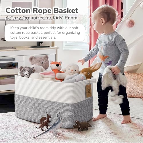 Goodpick Woven Storage Baskets for Organizing 22”x17”x12” Large Blanket Basket for Living Room Home Decor, Rectangle Rope Toy Basket for Kids, Gift Baskets Empty with Handles, Gray - color: Light Grey, size: 22"L x 17"W x 12"H