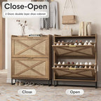 Maupvit Shoe Storage Cabinet with 2 Rattan Flip Drawers, Freestanding Organizer with Metal Legs for Entryway, Narrow Shoe Rack Cabinet, Hidden Golden Handles, Rustic Oak Rattan - color: Rustic Oak Rattan, style: 2-Drawers