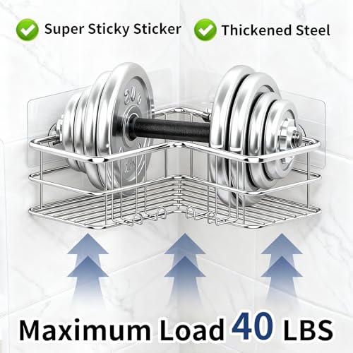 Menbyci 2 Pack Corner Shower Caddy, Adhesive Bathroom Shelf with 8 Hooks, Rustproof Stainless Steel Bathroom Organizer, No Drilling Shower Shelves Basket Wall Storage Rack Shampoo Holder (Silver) - color: Silver, size: 2 packs