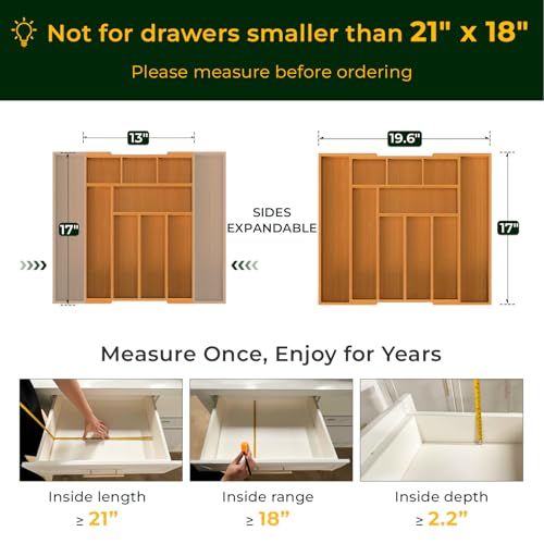 keechee Carbonized Bamboo Kitchen Drawer Organizer, 10 Slots Expandable Silverware Organizer, Utensil Holder & Cutlery Tray, 2.2" Deep for Extra Capacity, Non-Slip Feet Included - size: 10 Slots（Expandable）
