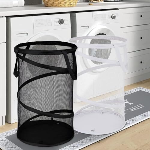 BATTOO 2 Pack Large Collapsible Laundry Basket Foldable Mesh Pop Up Hamper with Handles for Laundry Room, Bathroom, Kids Room, College Dorm, Travel, Storage Organizer Black+White - color: Black+White, size: 13 x 23.7 inch