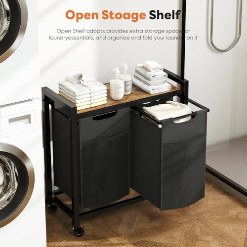 DUMOS Laundry Hamper with 2 Pull-Out Removable Sorter Bags, Movable Wheels, Freestanding Clothes Basket Organizer in Bathroom, 2 × 13.1Gal (99L) Capacity, Rustic Brown and Black - size: 26.2 Gal (99L)
