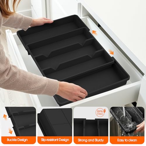Large Silverware Organizer, Expandable Utensil Drawer Organizer for Kitchen Drawers, Kitchen Drawer Organizer for Spoons/Forks/Knives, Multipurpose & BPA Free Cutlery Tray, Black, 1 Pack - color: Black