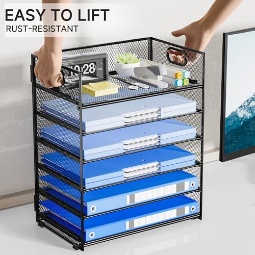 6-Tier Paper Organizer for Desk with Handle, Heavy Duty Metal File Organizer | Stackable Desktop Organizer for Office Supplies, Documents and Stationery Storage - color: Black, size: 12.6" x 9.1" x 13.5"