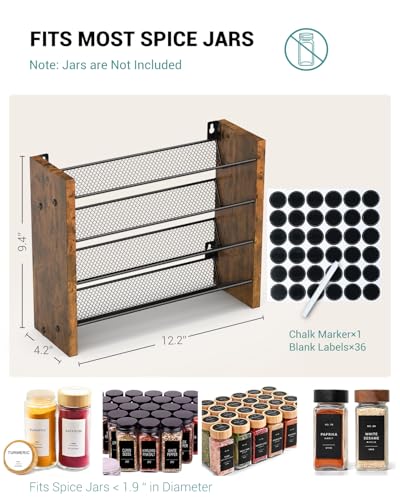 NESAPTO Spice Rack Organizer for Cabinet, Wooden 4 Tier Vertical Seasoning Organizers for Kitchen Pantry, Countertop/Wall Mount, Holds 24 Spice Jars (No Jars Included),12.2" W × 9.4" H - size: Holds 24 Jars, 12.2"W × 9.4"H