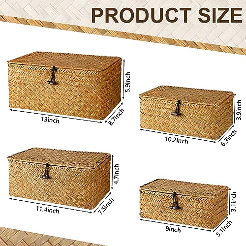 Woanger Set of 4 Wicker Storage Baskets Organizer，Handwoven Storage Bins with Lid for Organizing, Home Utility Box for Home Office Supplies Multipurpose Container(Orange) - color: Orange