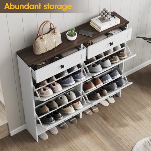 Halitaa Shoe Cabinet with 4 Flip Drawers & 2 Drawers,Farmhouse Shoe Storage Cabinet for Entryway,Slim Freestanding Organizer Rack for Front Door Entrance,White - color: White, style: 4-Drawers