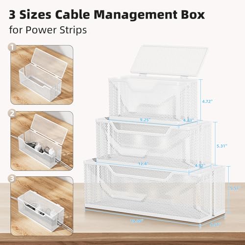 3 Pack Cable Management Box, Metal Mesh Cord Organizer Box for TV Wires, Electrical Hiding, Power Strip – Under Desk Cable Storage Box with Cable Clips&Reusable Cable Ties for HomeOffice - White - color: White