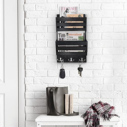 Unistyle Rustic Mail Organizer Wall Mount with 4 Key Hooks,Mail Holder Wall Mounted，Hanging Mail Organizer,Letter Holder for Wall,Key Hanger for Letter, Magazines, Keys, Dog Leashes - color: Black