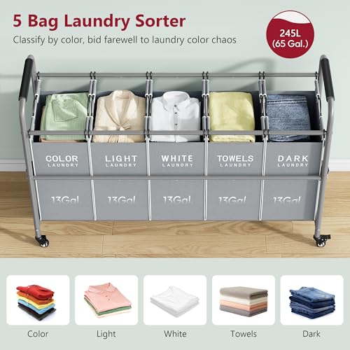 Tajsoon 5 Bag Laundry Sorter Cart, Laundry Hamper Sorter Basket with Heavy Duty Lockable Rolling Wheels for Clothes Storage, Grey & White - color: Grey & White