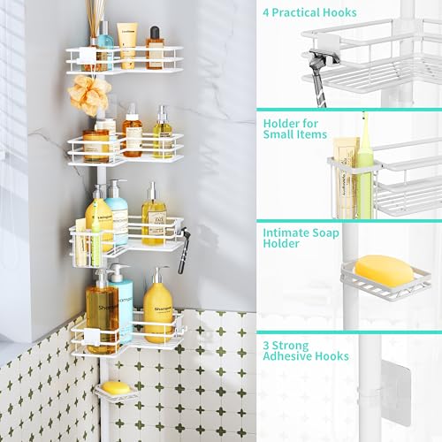HapiRm Corner Shower Caddy Organizer - Shower Organizer Corner with Soap Holder, Toothbrush Holder and 4 Hooks, Rustproof Bathroom Shelf Tension Pole Available for 27.6 to 108.3 Inch - White - color: White