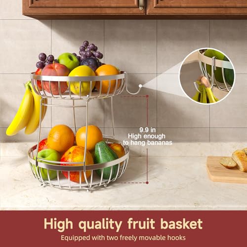 Sevenblue 2 Tier Fruit Basket for Kitchen Counter with 2 Banana Hangers, 2026 Pro Detachable Metal Fruit Bowl with Wooden Handle,Fruit Holder for Bread Snack Veggies, Silvery Extra Large - color: Silver, size: 2 Tier Extra Large