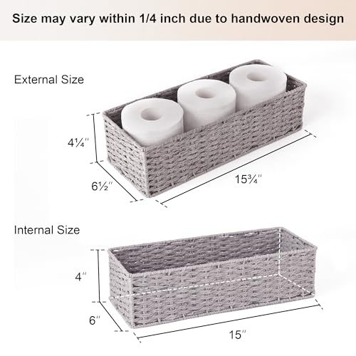 StorageWorks Round Paper Rope Toilet Tank Topper Basket, Wicker Basket for Bathroom, Gray, 2-Pack - color: Gray, size: 15 ¾"L x 6 ½"W x 4 ¼"H