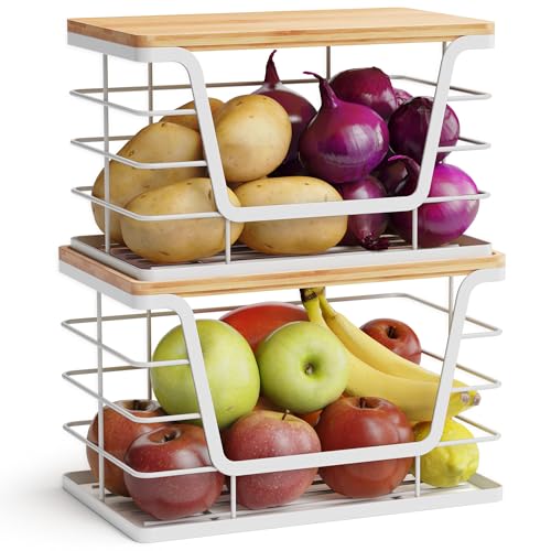 ALOCEO 2 Pack Potato and Onion Storage Bins, Large Trash Bag Holder Under Sink with Bamboo Top, Stainless Steel Pantry Organizers Storage, Kitchen Counter, White - color: 2-pack - Xl&l White