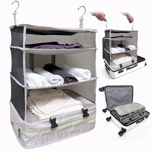 Grand Fusion Stow-N-Go Packing Organizer for Luggage, Portable Hanging Travel Shelves, Carry-On Closet, Hanging Packing Cubes, Collapsible Carry-On Organizer for Cruises & Hotels. Light Gray - XL - color: Light Gray, size: XL = (L) 17.7" x (W) 11.8"