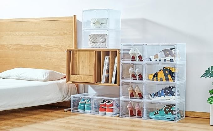 ZLLZUU Shoe Organizer Shoe Storage Boxes, 6 Pack Large Drop Front Shoe Boxes with Magnetic Door, Clear Plastic Stackable Shoe Containers (Clear White) - color: Clear, size: Large-6Pack