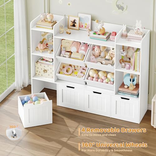 Toy Storage Organizer, Toy Organizer with 4 Movable Drawers and 4 Box Bins, Kids Playroom Storage Organization with Hidden Wheels for Living Room, Kids Room