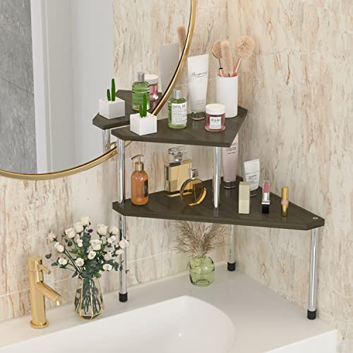 Weenson Bathroom Counter Organizer Corner Shelf - 2 Tier Bathroom Organization Bamboo Bathroom Sink Shelf Kitchen Countertop Organizer Adjustable Free-Standing Counter Storage Shelf(Antique) - color: Antique