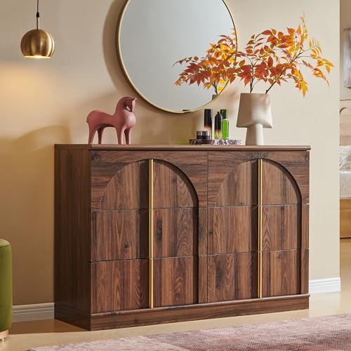 ACCOHOHO Arched Dresser for Bedroom with 6 Drawers, 47.3" Wide Modern Chest of Drawers with Rounded Edge & Metal Handles, Wood Storage Closet Dressers TV Stand for Living Room, Hallway, Brown - color: Brown, size: 15.6"D x 47.3"W x 32"H (6 Drawers)