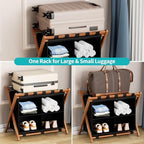 Bamboo Luggage Rack with 4 Storage Compartments, Foldable Suitcase Stand for Guest Room, 150lbs Capacity, Sturdy, Space-Saving and Easy to Assemble Organizer - color: Walnut 1 Pcs