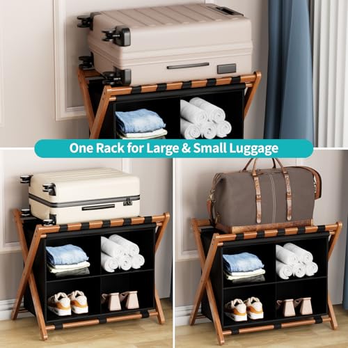 Bamboo Luggage Rack 2 Pack with 4 Storage Compartments, Foldable Suitcase Stand for Guest Room, 150lbs Capacity, Sturdy, Space-Saving and Easy to Assemble Organizer - color: Walnut 2 Pcs