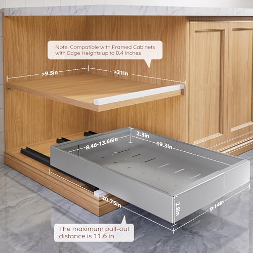 Seinloes 2 Pack Pull Out Cabinet Organizers 21" Deep With Raising Pad for Framed Cabinets, Expandable Width (9"-14") Slide Out Drawers Upgrade 3 Slide Rails, Roll Out Shelves Adhesive, Silver - color: Silver, size: 9"-14"Wide x 21"Deep(2 Pack)