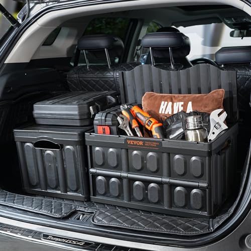 VEVOR 45L Collapsible Storage Bins with Lids 3 Packs, Stackable Utility Crates with Handles, Large Folding Containers for Organizing Tools, Snacks, Books, Food, Drinks, Camping & Transport - size: 45L-Black