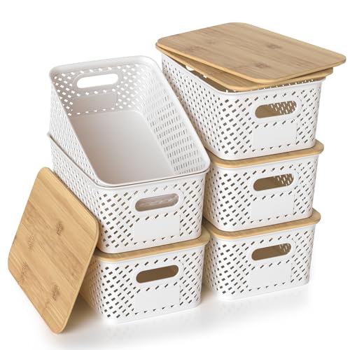 Plastic Storage Bins with Bamboo Lids, Stackable Small Box Baskets for Organizing and Containers for Shelves Drawers Desktop Closet Pantry Classroom Office Home, 6 Pack 10.2x7.2x4.1 Inch, White - color: White