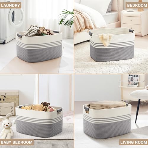 86L Extra Large Laundry Basket with Leather Handles for Living Room Storage, Woven Rope Baskets for Blanket, Kids Toy, Gifts, Wicker Hamper for Bedroom Dirty Clothes, 24"x16"x14" White Grey - color: Grey, size: 86L